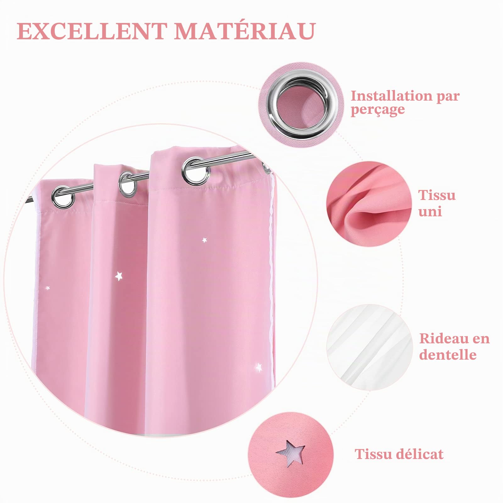 VORCOOL Rideau Occultant de Motif Étoiles Creuses avec Double Gaze pour Salon Chambre (Rose)