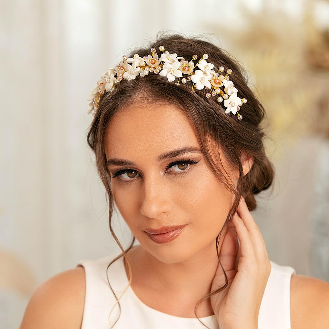 IYOU Bridal Wedding Headband Gold Flower Hair Bands Pearl Beads Headpiece Communion Bride Hair Accessories for Women - Image 4