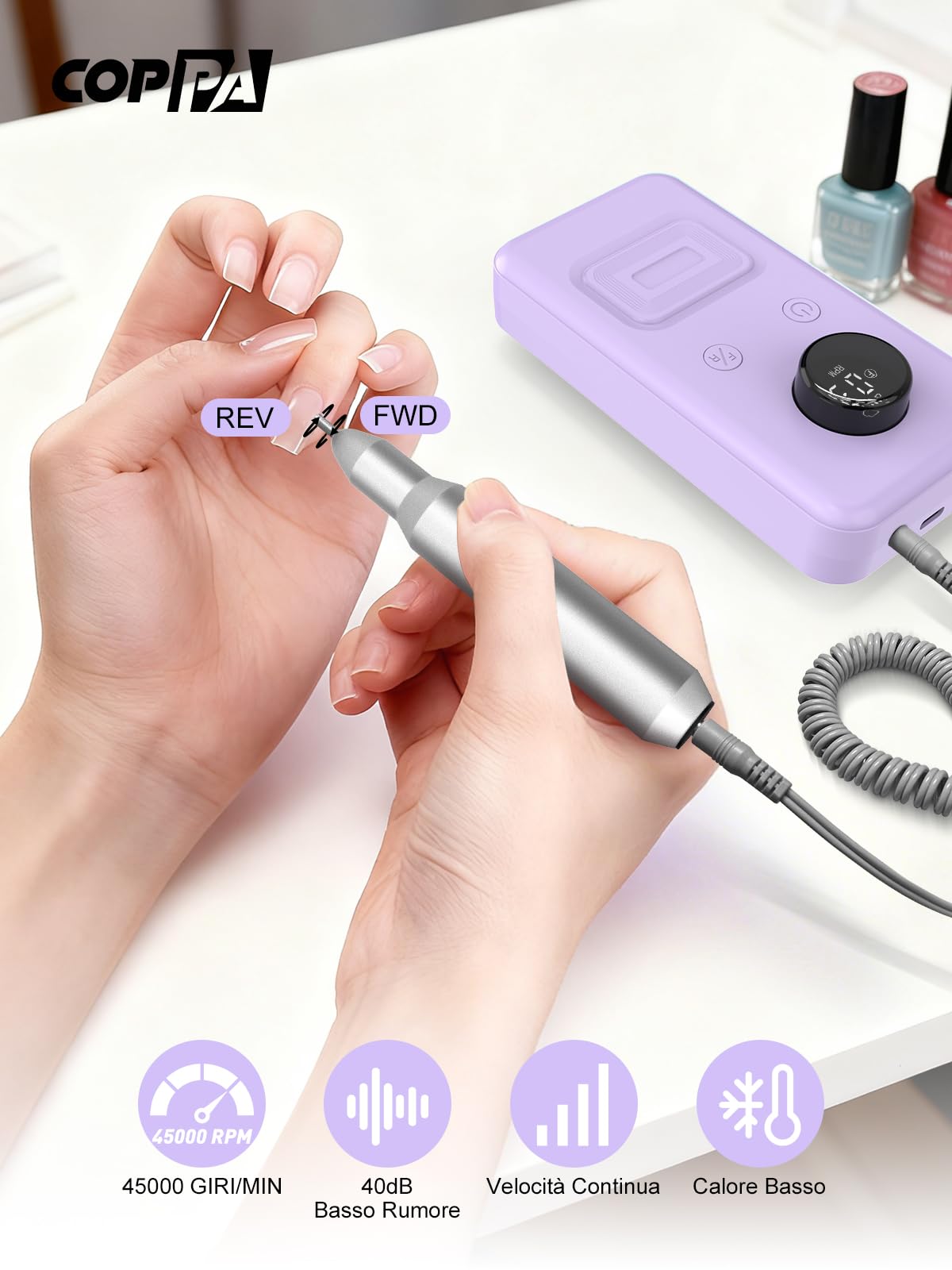 COPPA Fresa per Unghie Professionale, NDK106 Lima Elettrica per Unghie con 12 Punte 31 Bande, 45000 RPM Velocità Regolabile & 2 Direzioni Nail Drill Kit per Rimozione Gel/Smalto, Casa & Salone