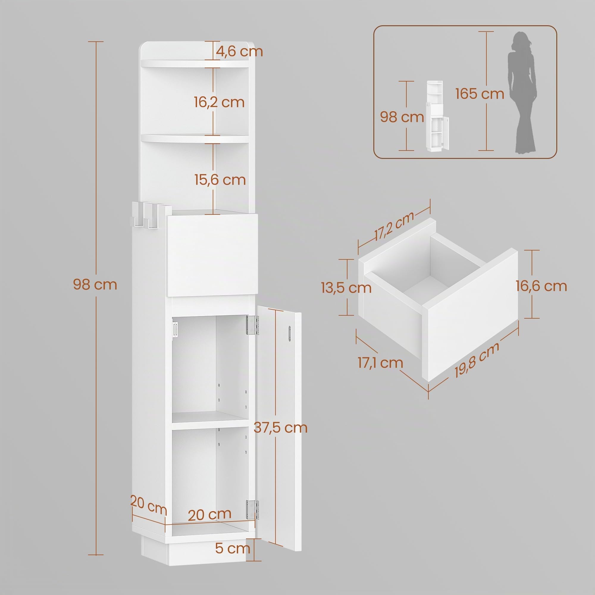 HEXCELEN Meuble de Salle de Bain, Armoire de Salle de Bain d'angle, Blanc | Armoire de Toilette, 20 x 20 x 98 cm, Étagères Réglables, 1 tiroir et 2 Compartiments Ouverts, Meuble Colonne sur Pied