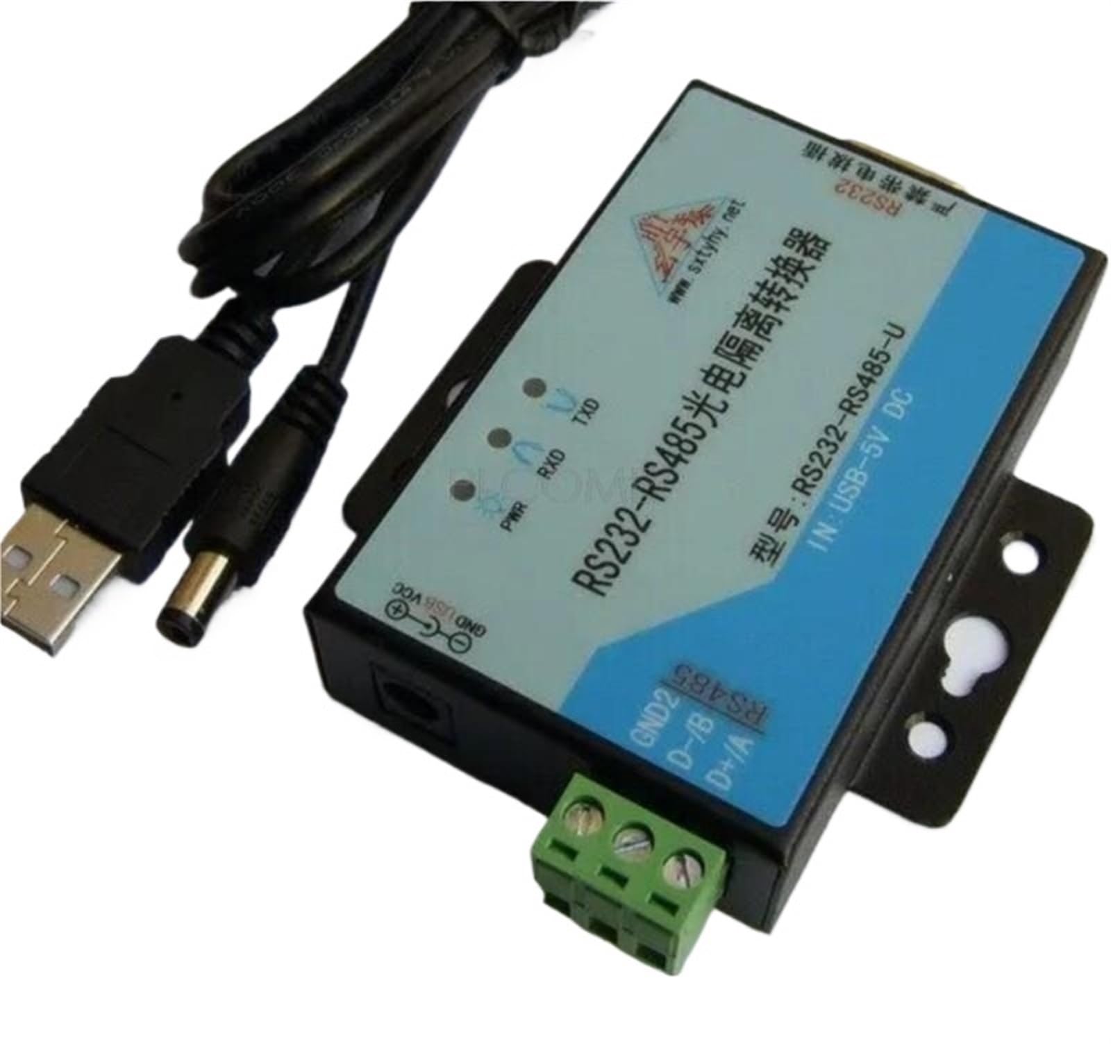Convertidor de datos de interfaz RS232 a RS485, aislamiento óptico, fuente de alimentación USB DC5V, con cable de alimentación USB y cable RS232