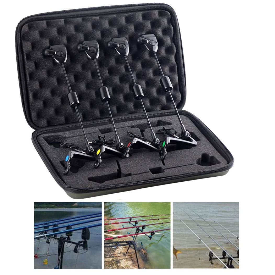 NIDONE Alarma de mordedura indicadora iluminada de Pesca, Alarma de Pesca LED Indicador Iluminado Herramientas de Pesca de Carpas Accesorio en Estuche con Cremallera Negro 4pcs