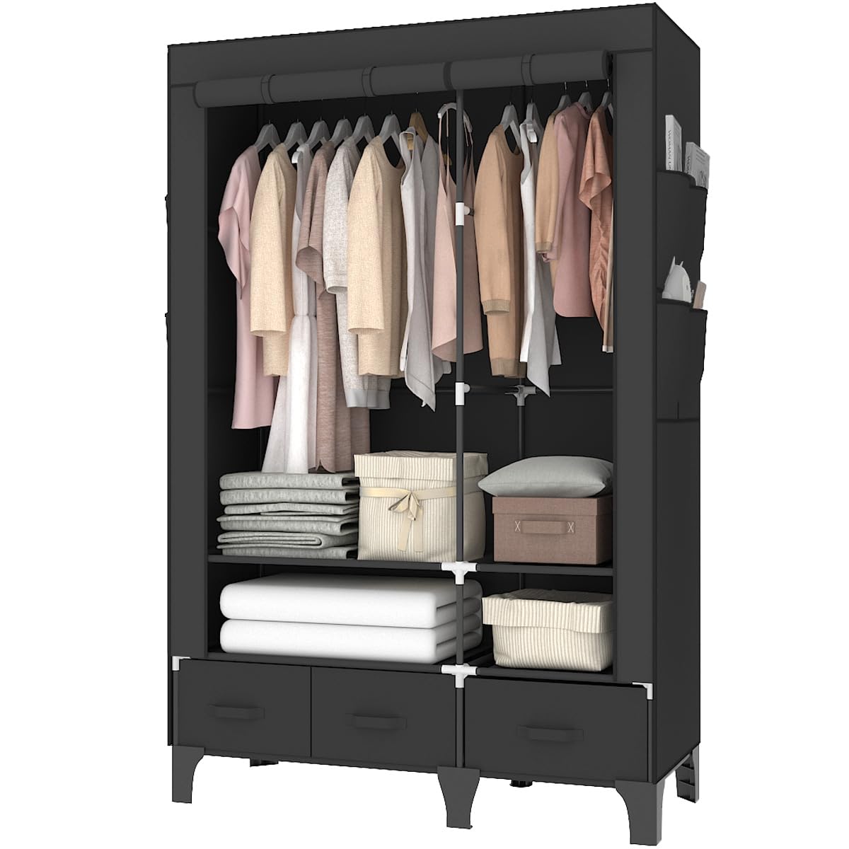 OPPAIYA Armoire en tissu stable - 109 cm de large - Armoire pliante avec 2 tringles et tiroirs - Grande armoire textile pour chambre à coucher - Penderie - Noir - 109 x 45 x 165 cm