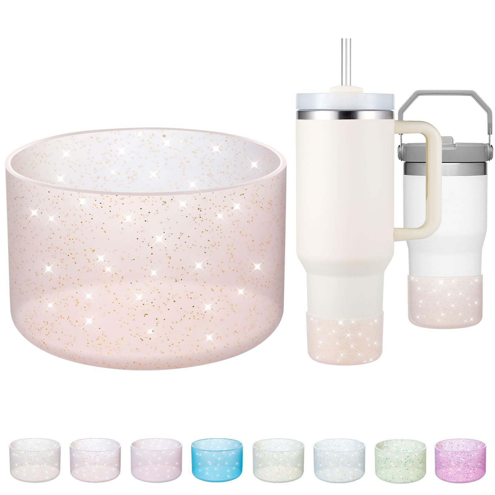 Onlymory Silicone Boot for 30 40 OZ Stanley Cup Accessories, Glitter Boots for Stanley 20OZ 30OZ Tumbler Ice-Flow 16OZ Bottle, Anti-Slip Bling Protector Bottom Cover Sleeve, Clear Rose Quartz Gold โ image 1