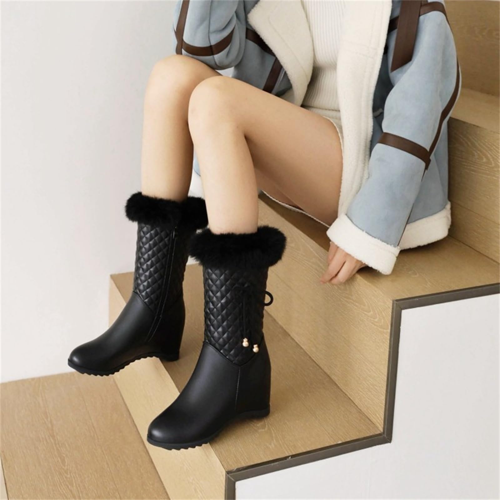 Winter Stiefeletten Damen Elegant Kurz Stiefel Mit Keilabsatz PU-Leder Ankle Boots Für Party Plüsch Gefüttert Schneestiefel Warm Baumwollschuhe Für Outdoor