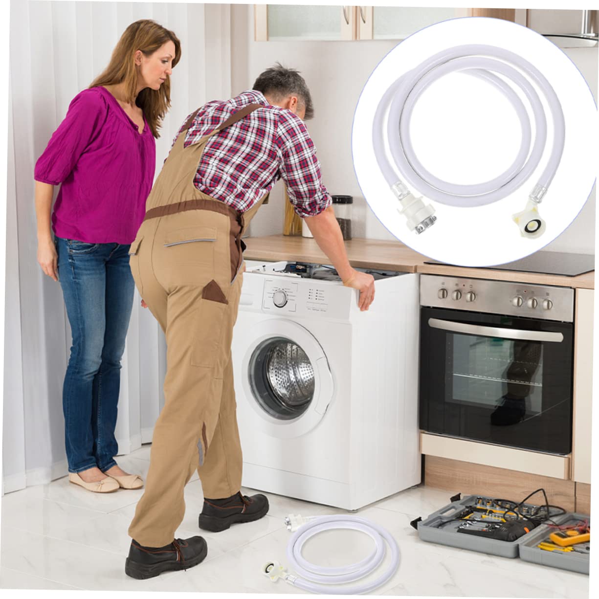 Manguera de Entrada para Lavadora 2m, 2 Piezas, Pvc | Acero Inoxidable Extremos, Color Blanco, Extensión de 2m para Suministro Doméstico