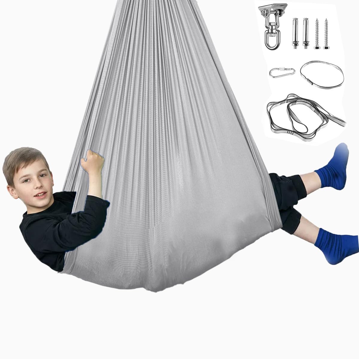 Sensory Swing for Kids &amp; Adults, Therapy Swing with 360° Swivel Hanger Kit for Autism, ADHD, SPD, Snuggle Swing Holds up to 300lbs has a Calming Effect on Children with Sensory Needs (Grey)