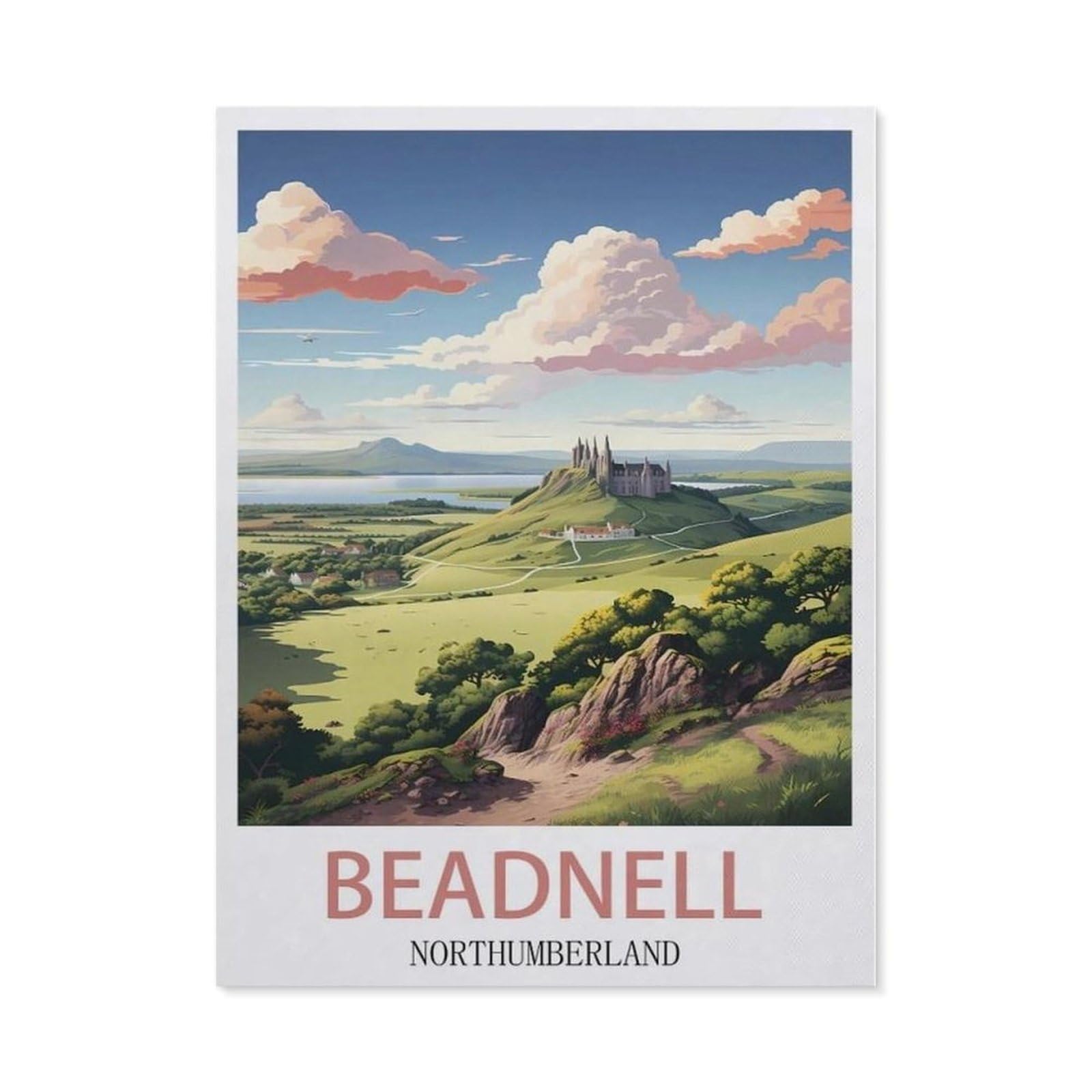 Beayodkp （30 X 40 Cm/11.81 X 15.74 Inches） 5D Diy Diamond Painting Kit，Beadnell Northumberland Vintage Travel Posters，Round Resin Diamond Cross Stitch, Home Decoration Gift-Ce93