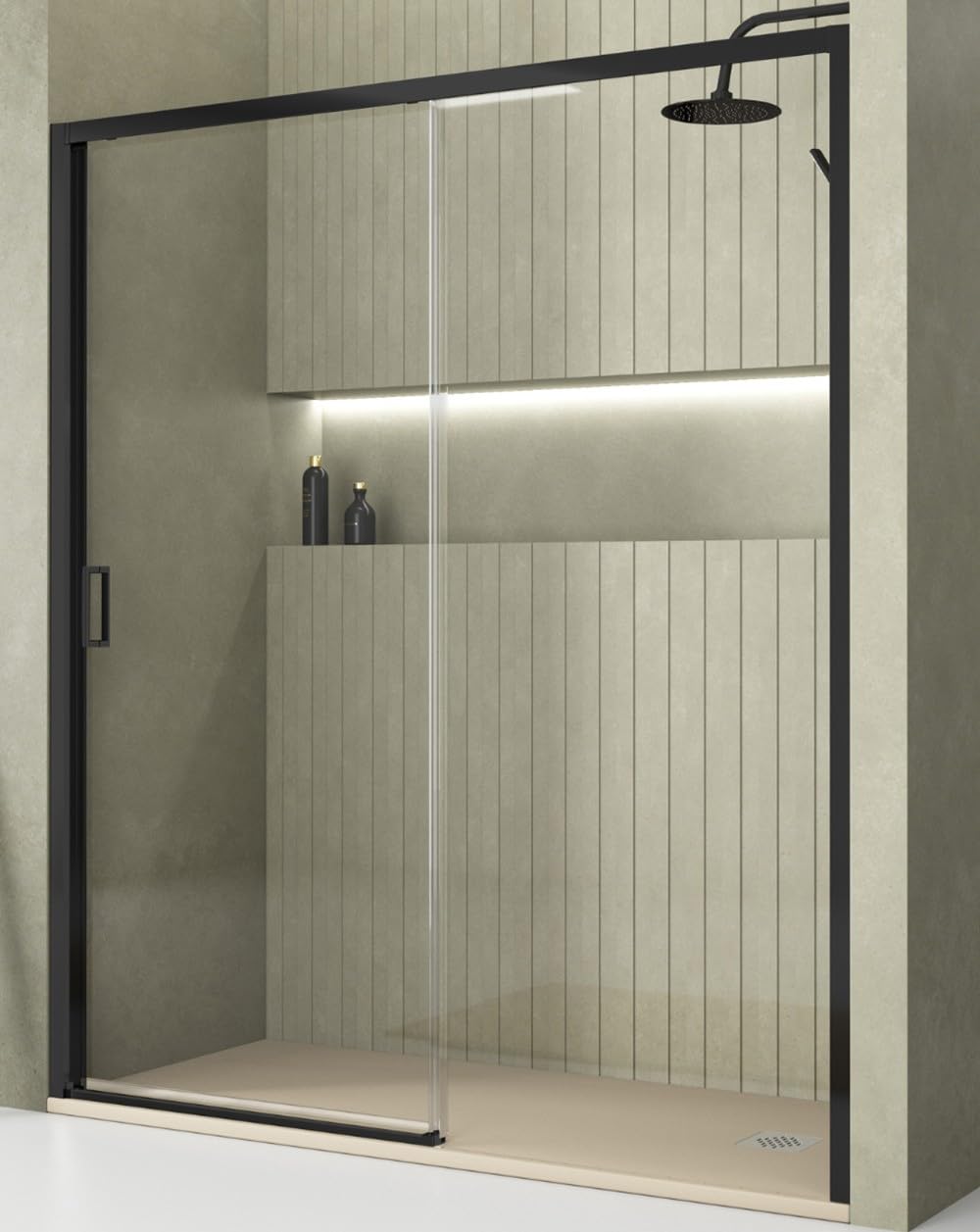 Mampara de Ducha Frontal Corredera 1 Puerta 1 Fijo | Vidrio Templado 5mm Antical Altura 190cm Transparente | Perfil Negro 140cm (Adaptable 138-142cm)