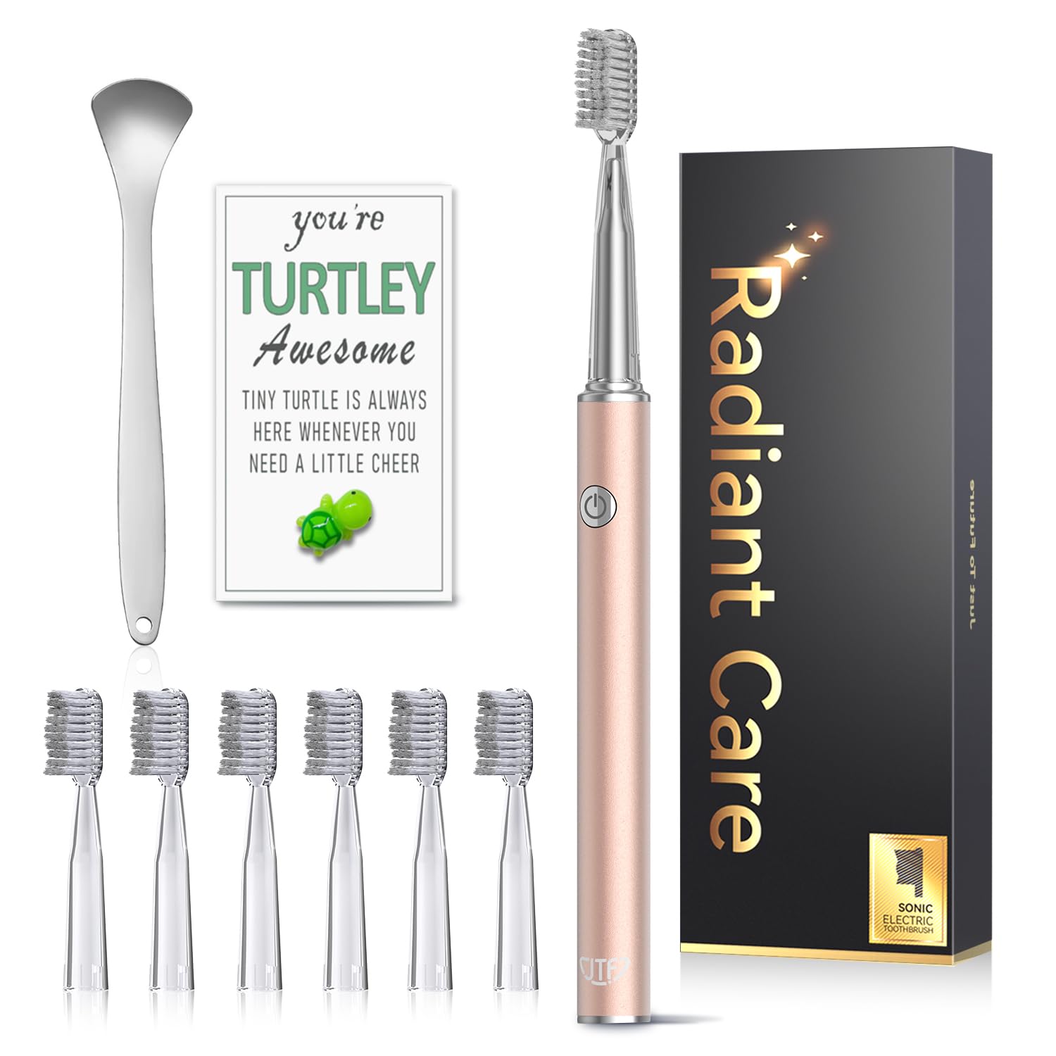 JTF Elektrische Zahnbürste Schallzahnbürste mit Zungenreiniger für Erwachsene, 6 Bürstenköpfen, 3 Modi & 40000VPM, 3H Schnellladung 45 Tagen, Metalloptik(Roségold)