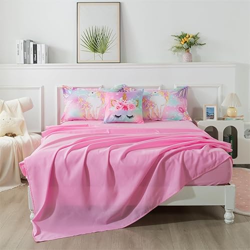 Miniatura 8 de Juego de edredón de unicornio rosa tamaño individual para niñas, juego de ropa de cama de unicornio en una bolsa, tamaño individual, 6 piezas,