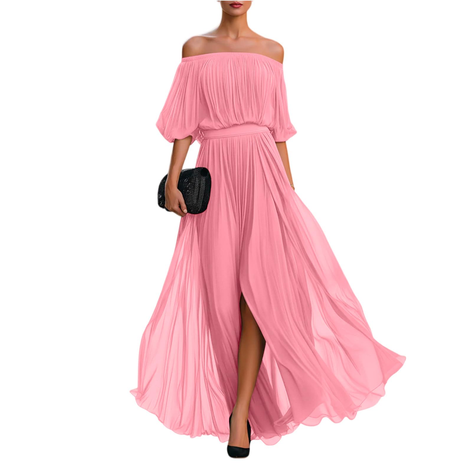 Chiffonkleid Damen Festlich Maxi Abendkleider Elegant Für Hochzeit Mit Ärmel Sommerkleid Damen Lang Schulterfrei A Linie Kleid Hochzeitsgast Sommerkleider Frauen Leicht Und Luftig Ballkleid