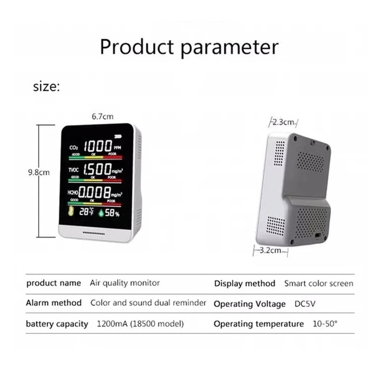 Medidor Digital De CO2 5 En 1, Sensor Temperatura Y Humedad, Monitor Calidad del Aire, Detector Dióxido Carbono TVOC HCHO