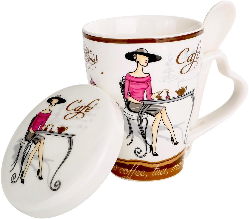 Cute Tea Cup with Lid and Teaspoon Cafe  Theme in Ceramic 12 Oz 3 pieces  