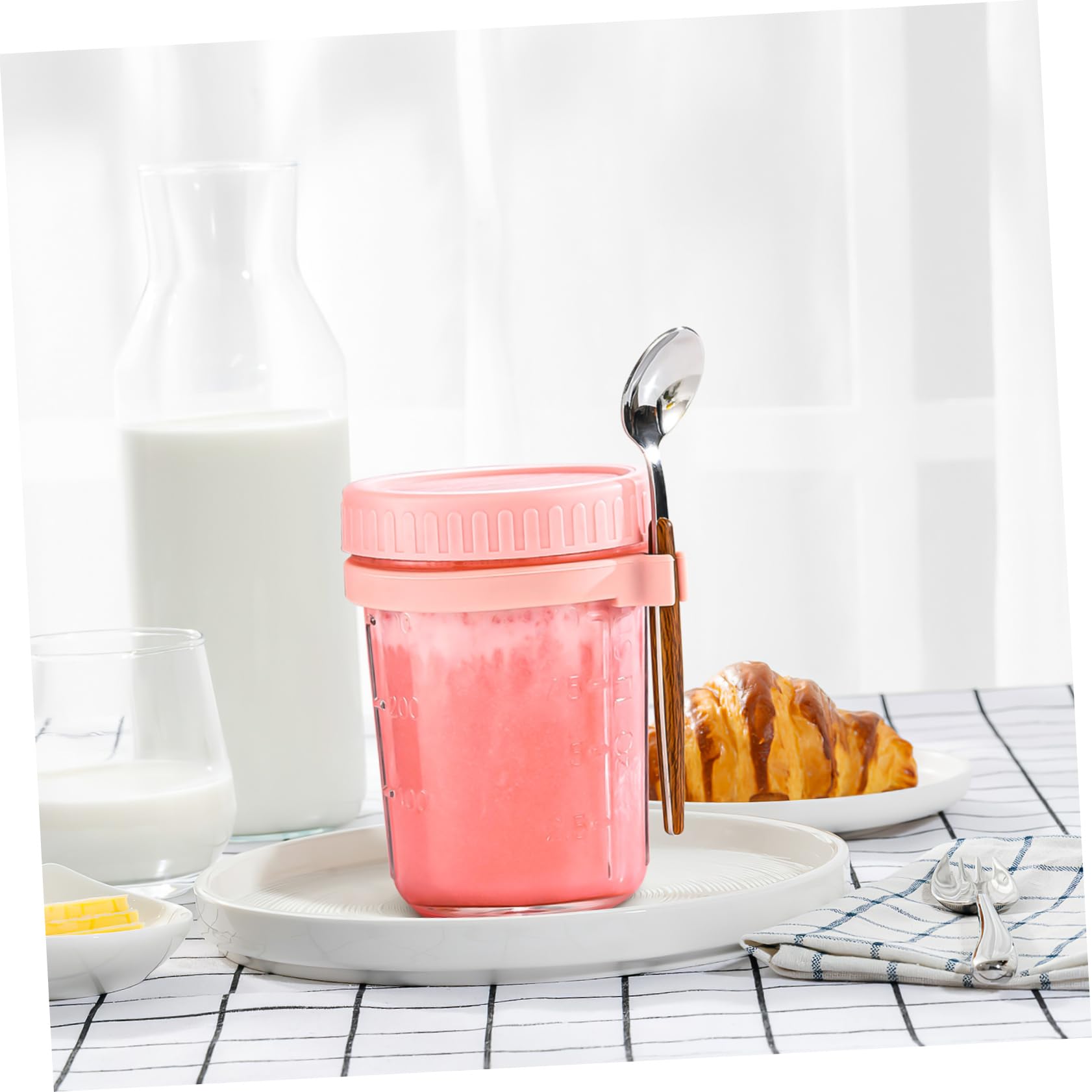 SOIMISS Tarros Mason de Cristal 400ml con Tapa y Cuchara, 4 Piezas | Cierre Antifugas, Silicona, Aptos para Oficina y Cocina, Envases para Avena Nocturna y Postres