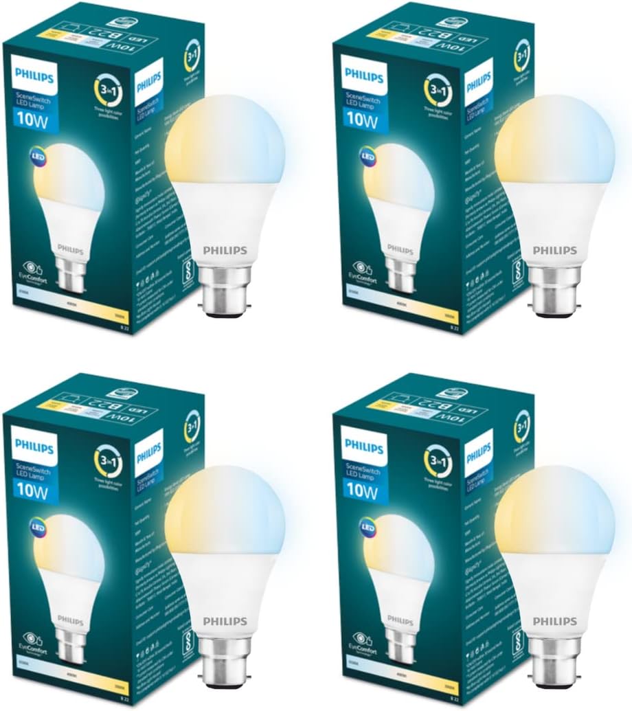 Philips 10 w LED Bulb|3 Colors in 1 LED Bulb|Scene Switch Bulb for Home & Decoration|Color: Tunable White, Pack of 4, b22d