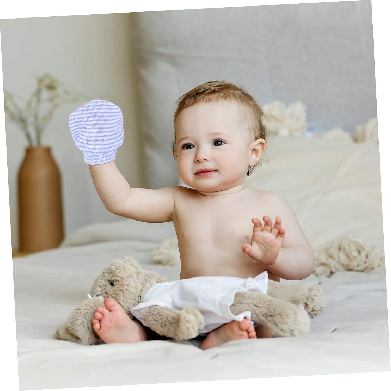 1pair Boy Girl No Scratches Mittens Soft Breathable Knitting Gloves for Newborn Boys Girls Protective Striped Design Knit Hand Covers for Delicate Skin Comfortable
