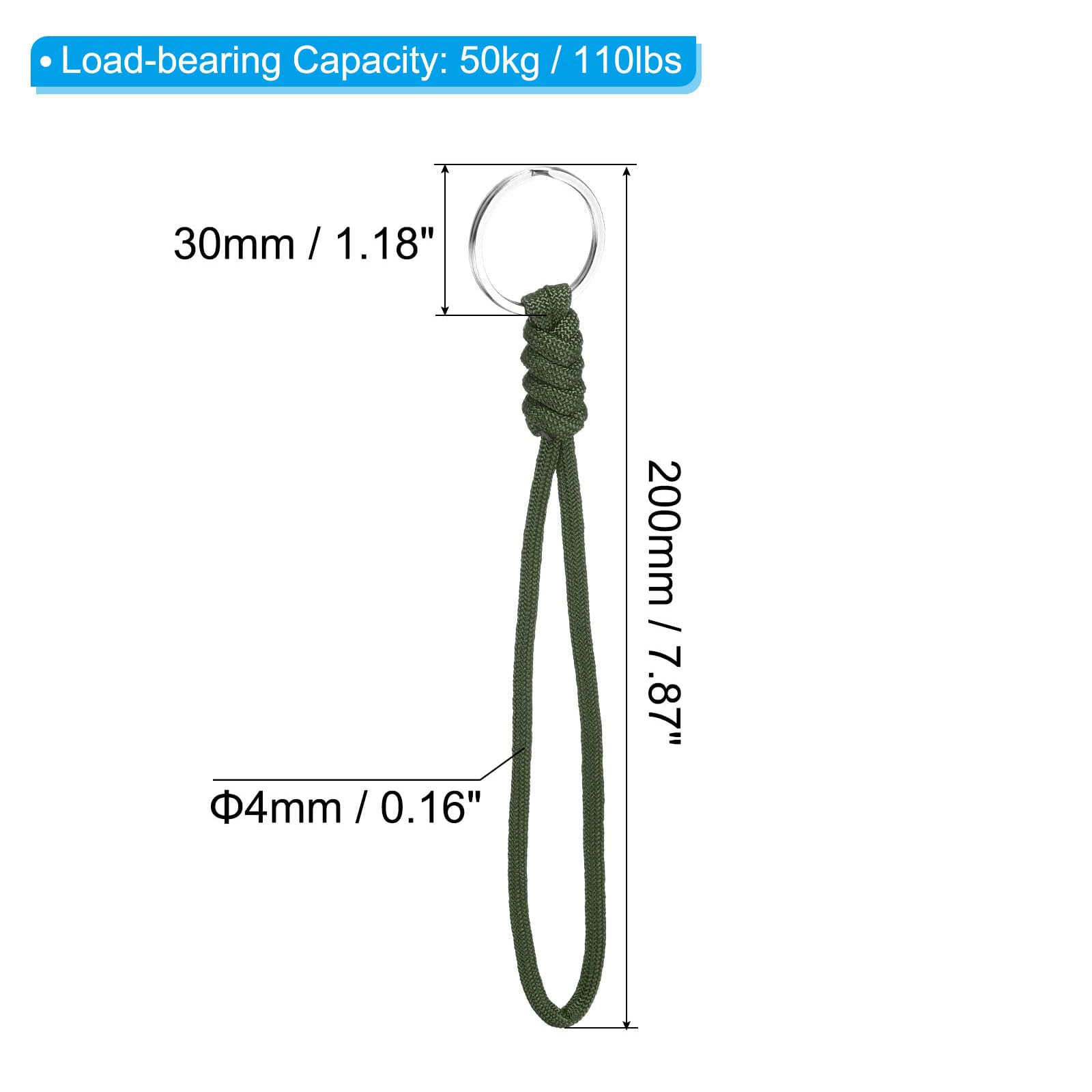 TOP-VIGOR 3Pcs Paracord Lanyard with Keyrings, 8 Inch Necklace Keychain Badge Cord Wrist Metal Hooks Straps for Keys Whistle ID Card Badge Holder, Green - Image 2