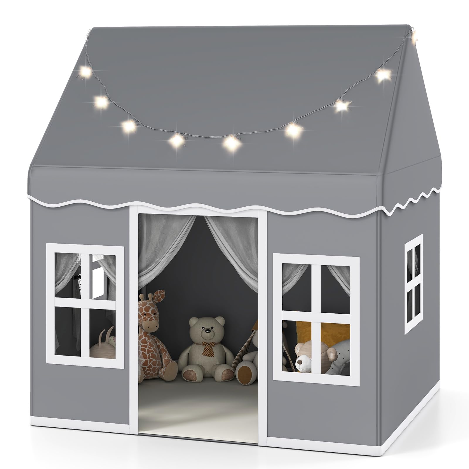 COSTWAY Kids Play Tent, Indoor Large Playhouse with Star Lights, Non-slip Mat and Windows, Castle Fairy Tents for Children Boys & Girls Gift (Grey+White)