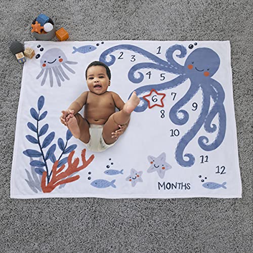 Image of Little Love by NoJo Under The Sea Blue, Grey, and Orange Octopus, Fish and Starfish Super Soft Photo Op Milestone Baby Blanket
