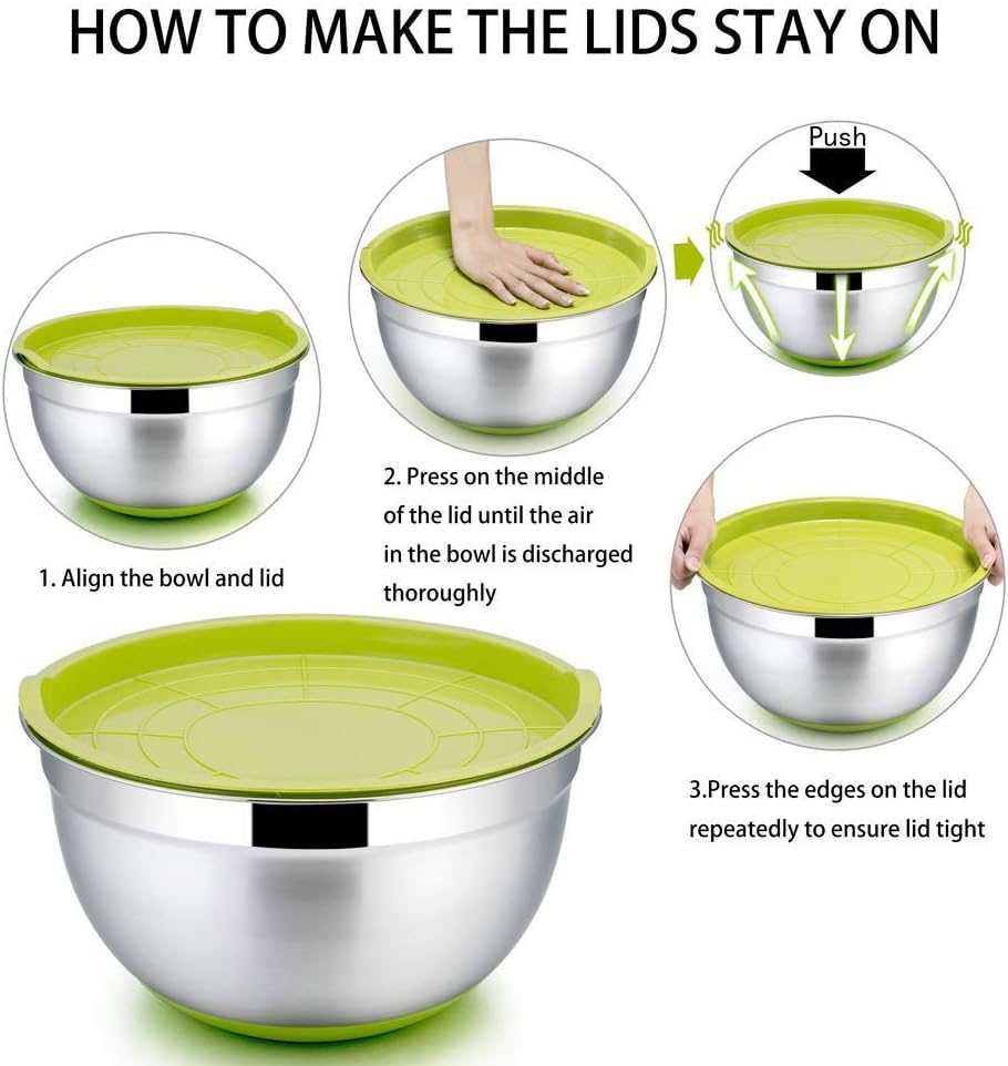 7 Colors Stainless Steel Mixing Bowl with Lid Home Kitchen Egg Mixer Salad Bowls Non-Slip Silicone Bottom Food Storage Bowl Set (Color : D) (A)
