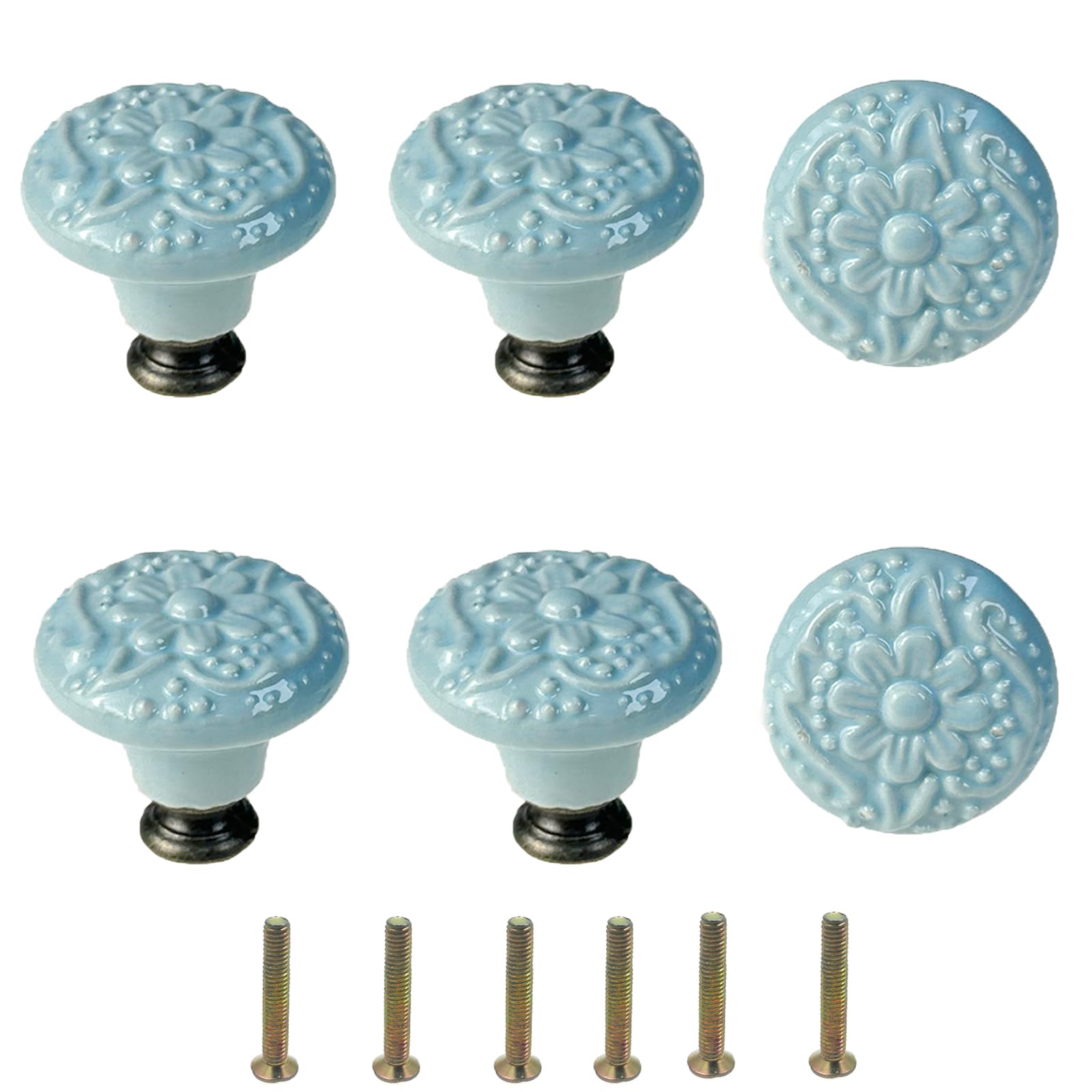Mimhooy 6 Pcs Vintage Cabinet Pulls, Retro Dresser Knobs, Decorative Flower Knobs for Cupboards & Draws Sky Blue