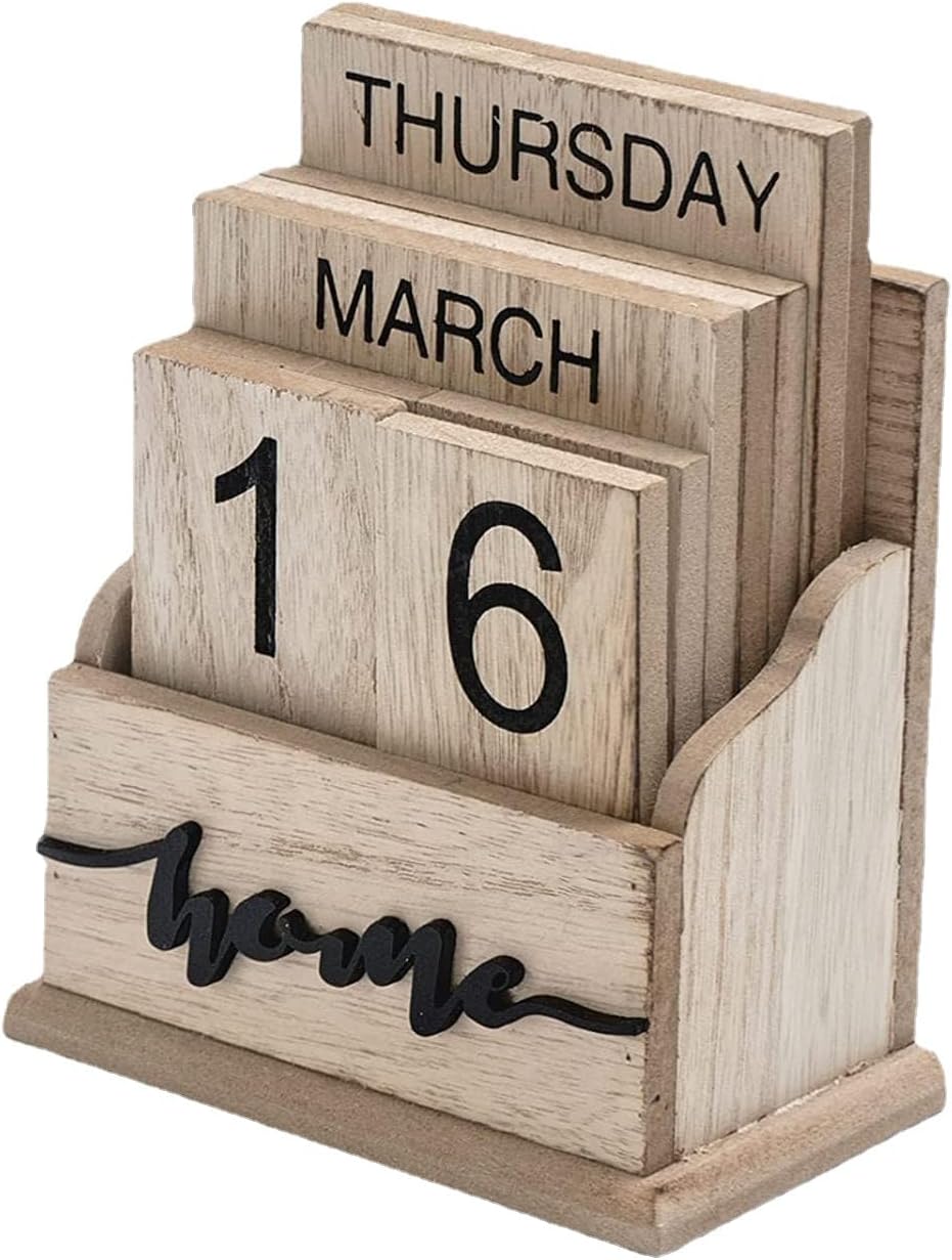 Perpetual Calendar Wooden Calendar Blocks Vintage Wood Block Calendar Stylish Eternal Desk Calendar for Home Office Desk Accessories Week Month Date Display (Wood Home)