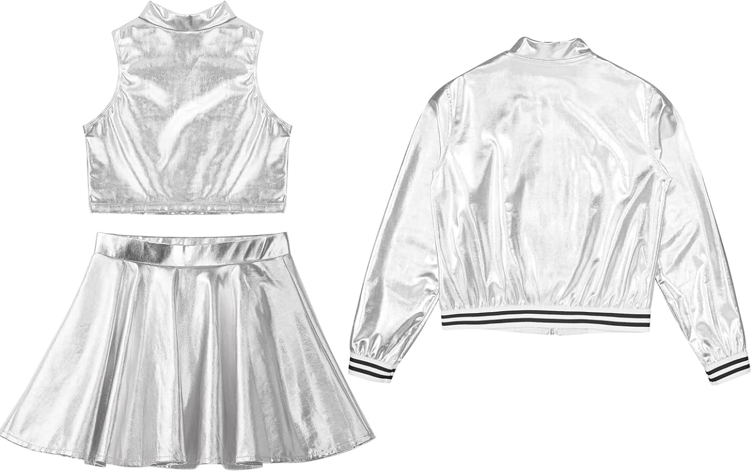 3Pcs Girls Metallic Jazz Hip Hop Dance Outfits Crop Top & Skirt & Jacket Sets Cheerleading Dancewear