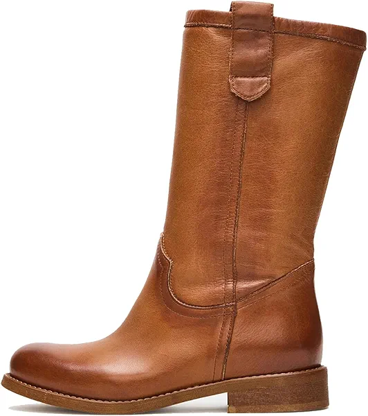 Mid Calf Boots for Women Chunky Block Heel Pull On Boots Round Toe Low Heel Trendy Stylish Riding Boots