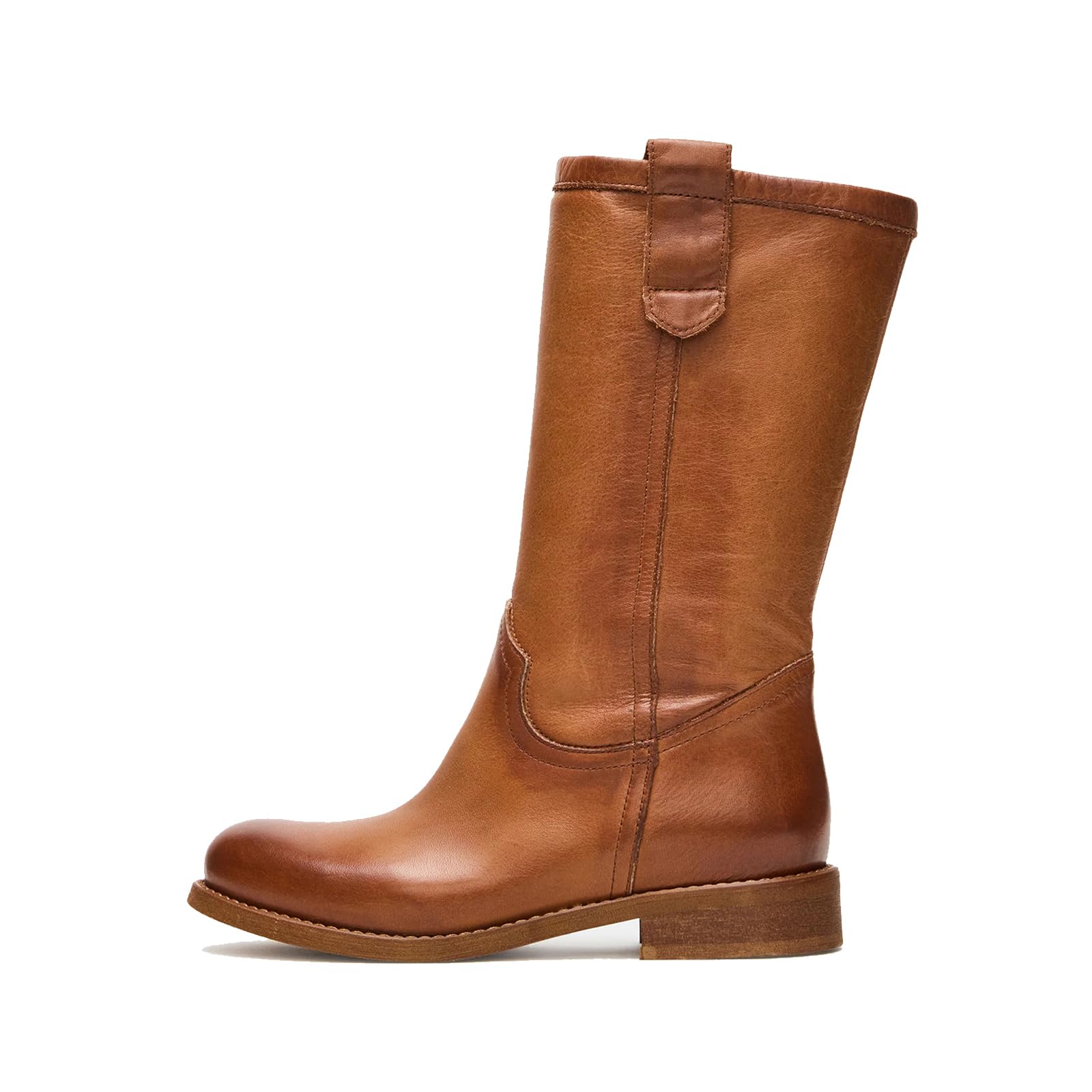 Mid Calf Boots for Women Chunky Block Heel Pull On Boots Round Toe Low Heel Trendy Stylish Riding