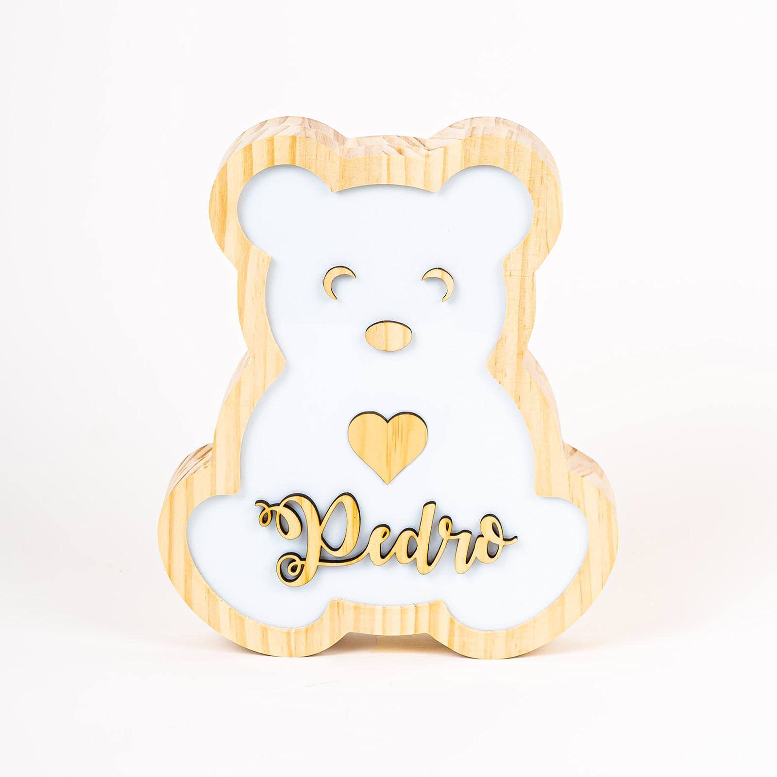 [ PINE & KIDS ] Lámpara Osito infantil personalizada con Nombre. Lámpara quitamiedos con nombre en madera para niños y bebés. Incluye adaptador de corriente.