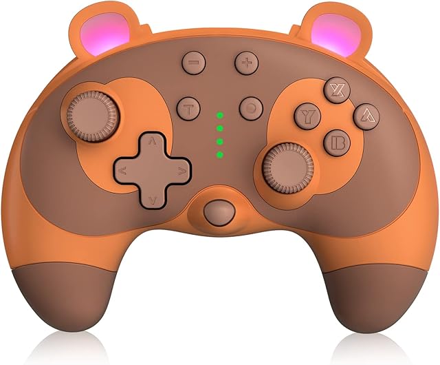 PowerLead Wireless Controller for Nintendo Switch, Cute Raccoon Animal Pro Gamepad for Nintendo Switch with 6 Axis/ Turbo/ Motion Control/ Wake-up Function, Adjustable Vibration Brown