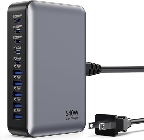 Miniatura 8 de Bloque de carga rápida USB C, estación de carga USB de 540 W, cargador PD de 100 W, bloque de carga GaN, concentrador de carga múltiple de 10