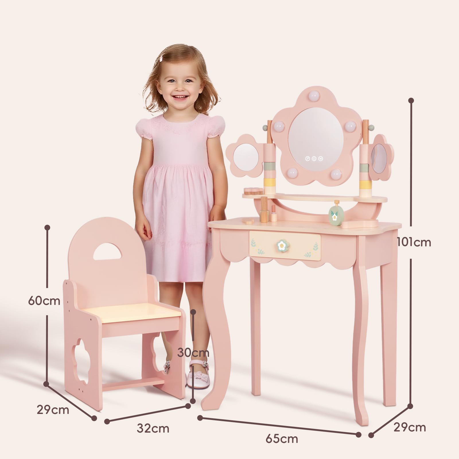 OOOK Schminktisch Kinder mit LED-Beleuchtung, Rosa Kinder Schminktisch mit Hocker und Spiegel, Frisiertisch aus Holz, Schminkkommode für Mädchen ab 3 Jahre
