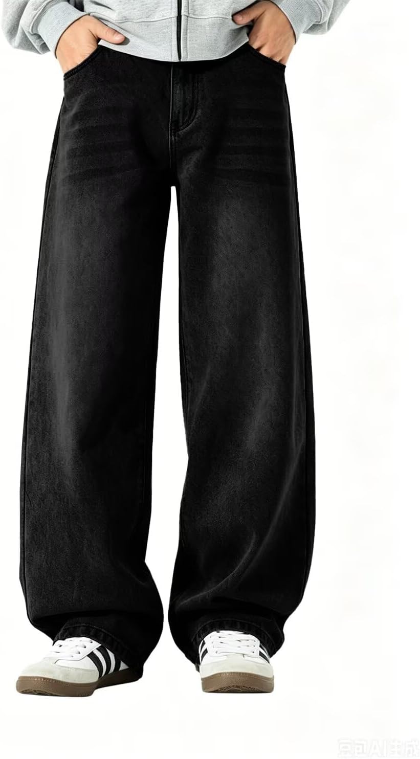 HENGAO Mens Baggy Jeans Vintage Hip Hop Wide Leg Denim Pants Y2K Streetwear Skater Loose Fit Trousers