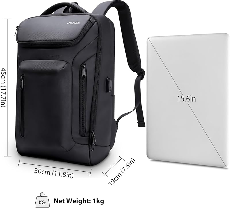 HOMIEE 15,6 Hüvelykes Laptop Hátizsák Férfiaknak - Vízálló Utazótáska USB Töltőporttal, Városi Használatra, Repülőgépen Kézipoggyászként
