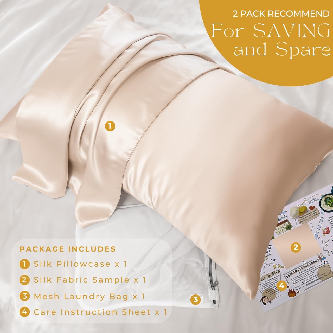 PROMEED 100% Mulberry Silk Pillowcase for Hair and Skin, Both Sides 23 Momme Grade 6A+ Silk Pillow Case with Hidden Zipper, 1400 TC, Soft & Smooth (Standard 20"x26", Champagne) - Image 6