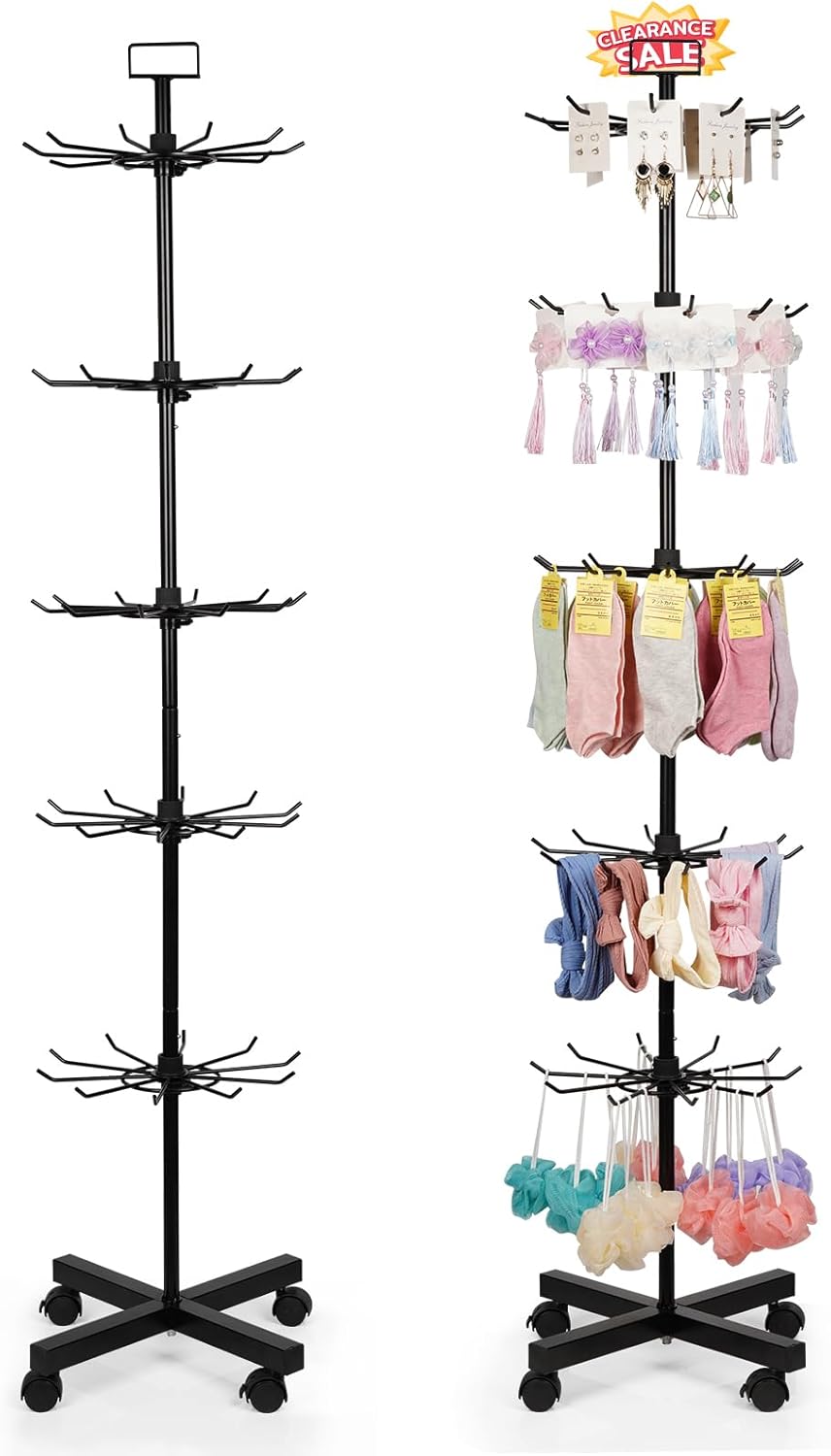 Retail Display Stand Store Display Rack 5 Tier Metal Spinning Display Stand Rack with Wheels Keychain Jewelry Stocking Hat Display Stand with Hooks for Malls, Showroom, Retail Store (Black)