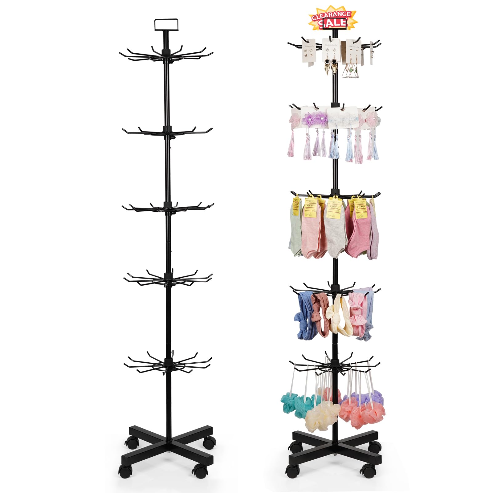 5-Tier Metal Spinning Display Stand Rack with Wheels, Black Iron, 50 Hooks, Lockable Wheels, Ideal for Jewelry, Accessories, Foods