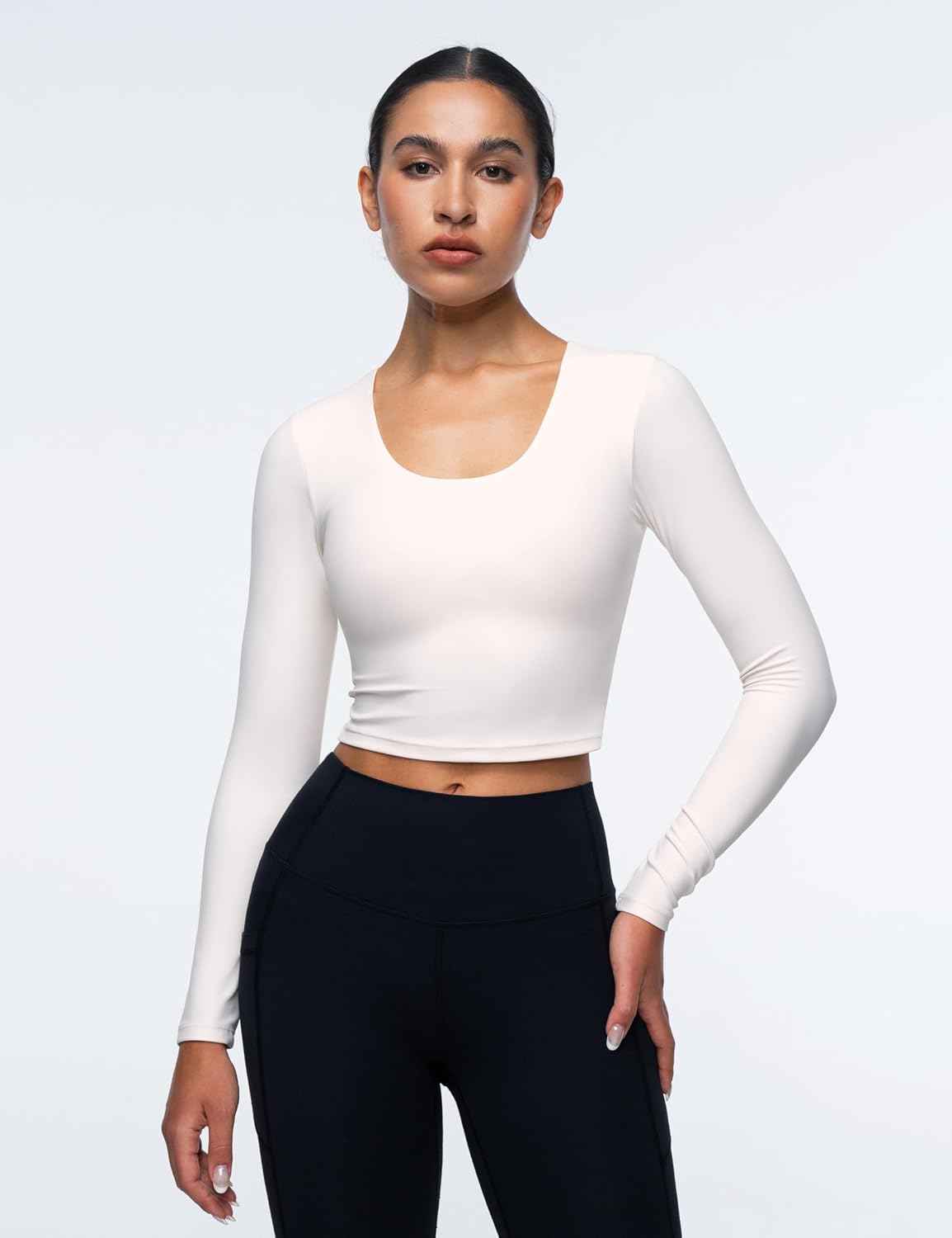 Womens Long Sleeve Shirts Workout Crop Tops Yoga Tee Built in Bra Mild Support Cream Feeling Athletic Top U-Neck - Image 2
