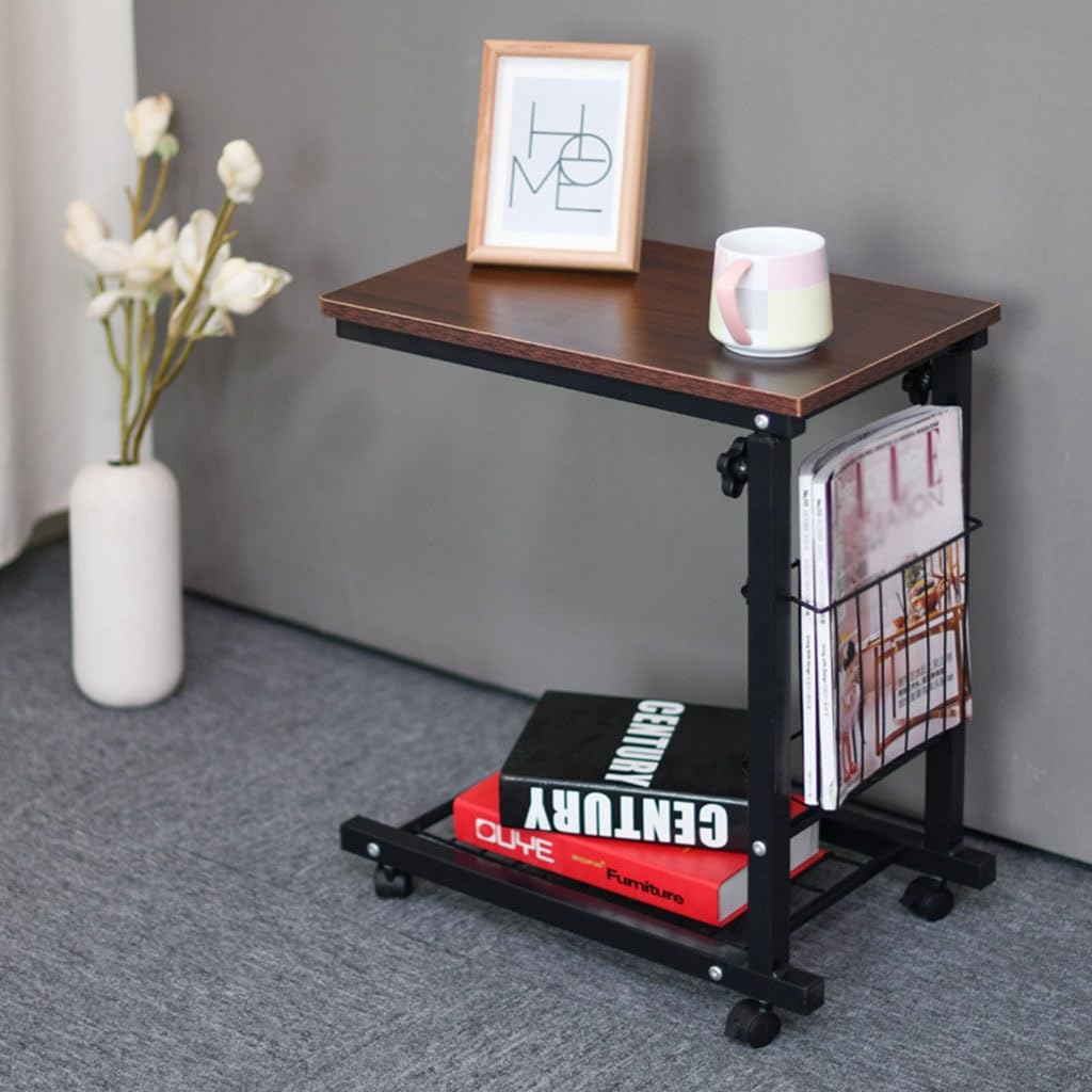 ASerZenith Storage Shelves Computer Table Height Adjustable Mobile Bedside Laptop Table Lift Small Coffee Side Table W/Wheels,Red Walnut