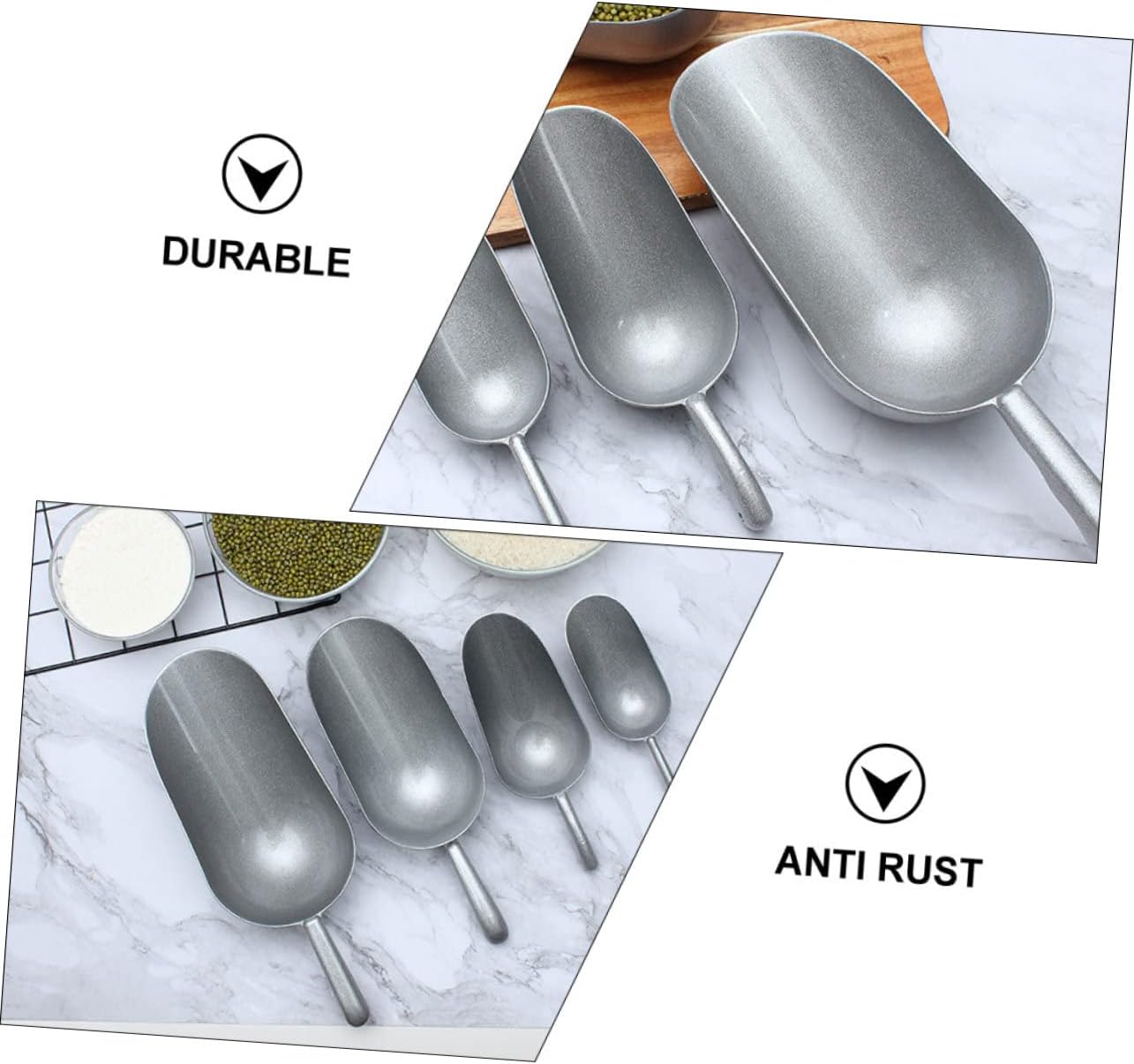 1pc Zinc Alloy Multipurpose Food Scoop Kitchen Gadget for Ice Rice Candy Flour Nuts Silver Shovel Comfortable Handle for Home Use