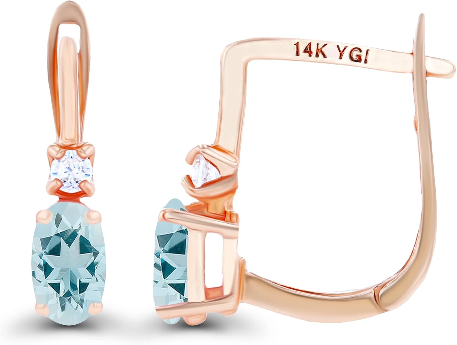 Solid 14K Gold 11x5mm Oval Natural Birthstone Huggie Earrings For Women | 5x3mm Oval Cut Birthstone | 2mm Created White Sapphire Huggie Hoop Earrings For Women