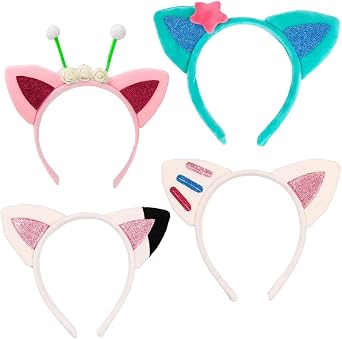 Atvscay 4pcs Plush Cat Ears Headbands,Birthday Party Accessories, Kitty Headwear Girls Halloween Supplies