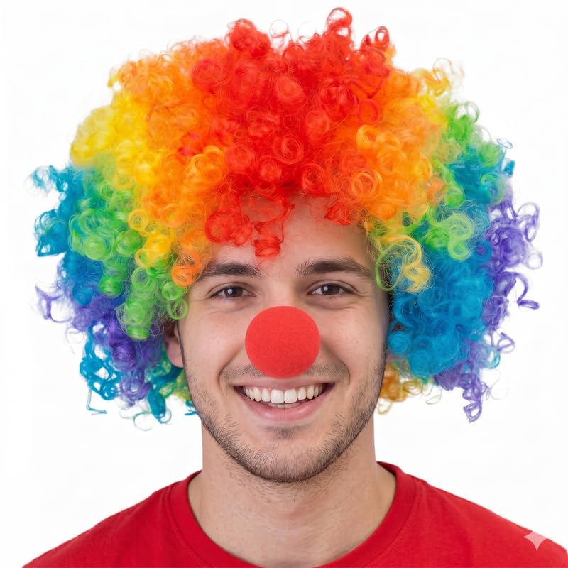 Premium Curly Afro Clown Joker Wig with Foam Nose, Malinga Cap and Joker Nose Unisex Funky Hair Wig For Kids & Adults Holi Party Accessories Halloween Funny Wigs For Party-image-1