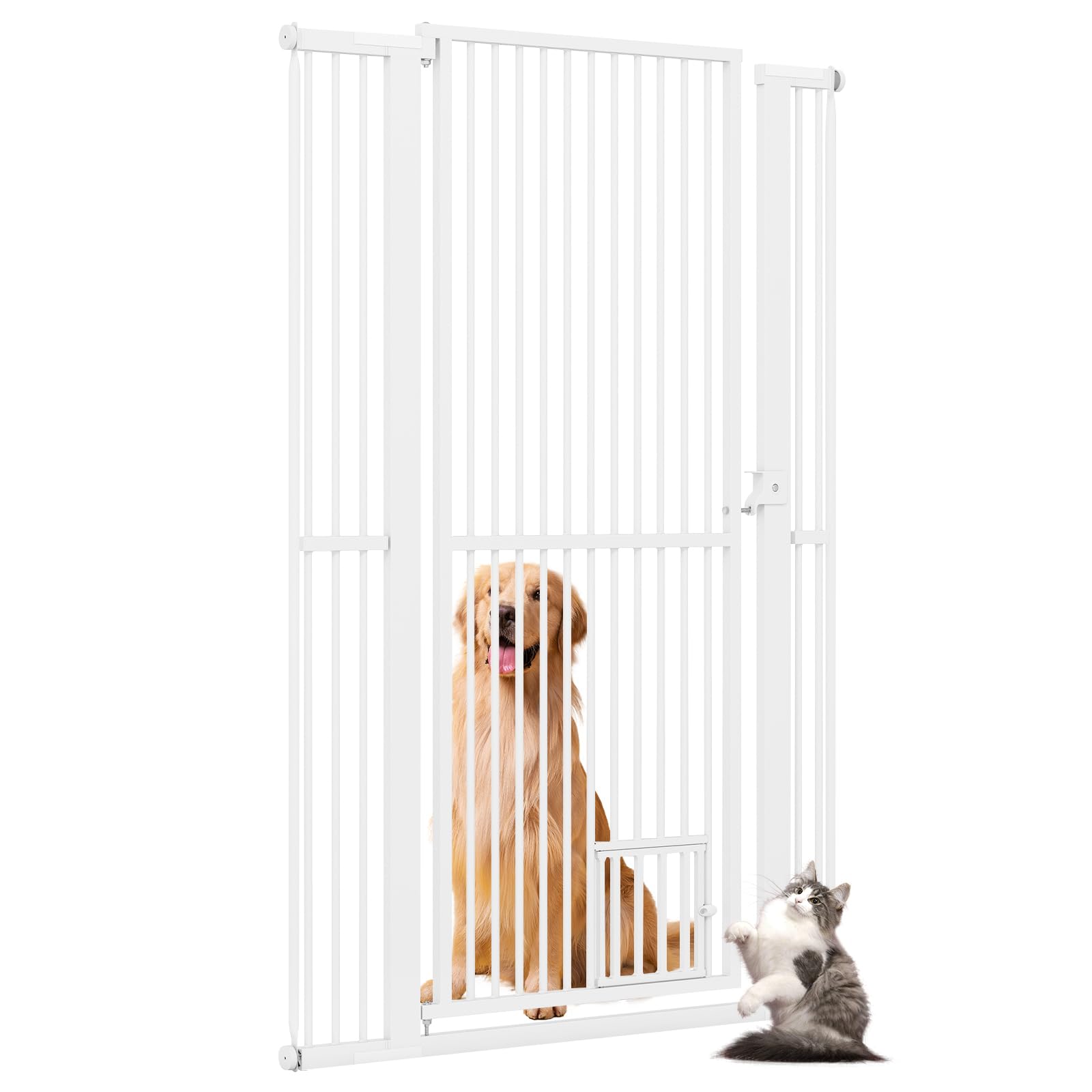 GOPLUS Barrera de Seguridad de Mascotas de Metal Ajustable, Puerta Extra Alta de 150 cm para Gatos con Ancho Ajustable de 77-104 cm, 2 Kits de Extensión, Diseño Bloqueable, Barrera para Perros