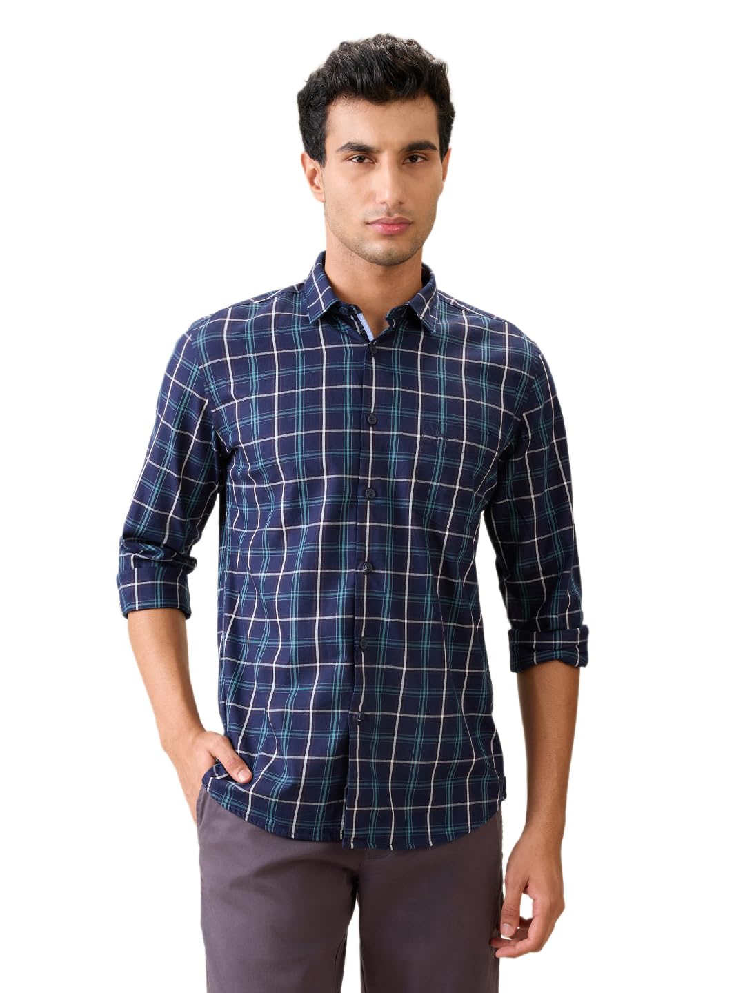 Men Slim Fit Checks Pattern Pure Cotton Semi Cutaway Collar Full Sleeve Casual Shirt-image-34