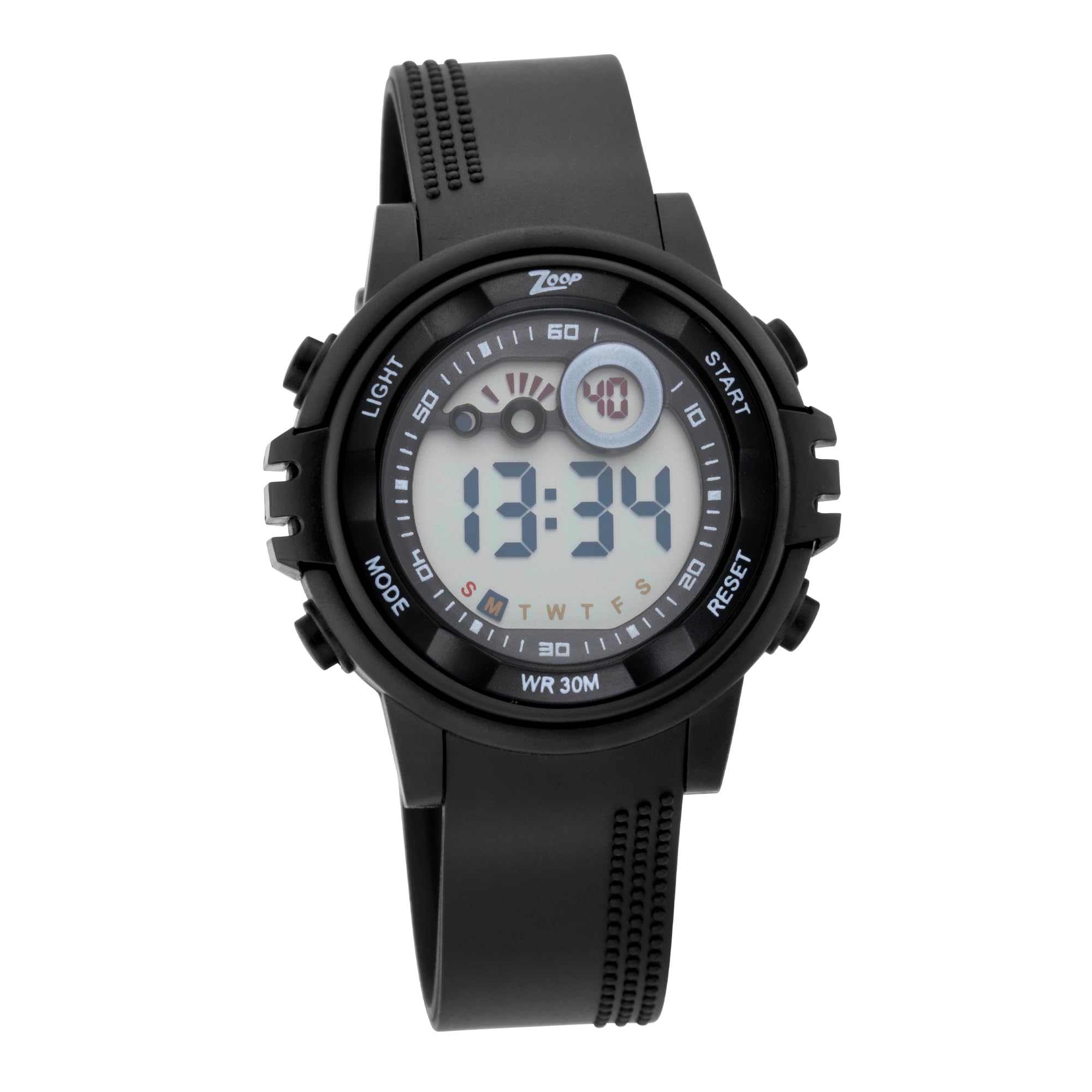 Front view of the Zoop Unisex Digital Watch WZPNP26017PP02, showing the digital display and four control buttons.
