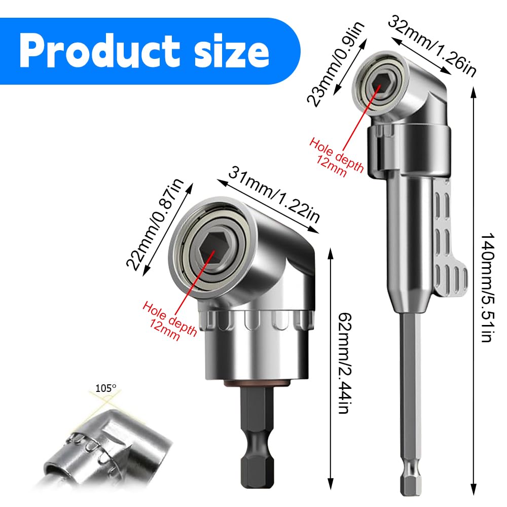 12 Pièces Renvoi D'Angle Visseuse Kit, 105 Degree Right Angle Drill Adapter, Corner Tool Screw Hub with Multi-function Bend Screwdriver Bit, 1/4" Hex Shank Driver Angle Drill Attachment