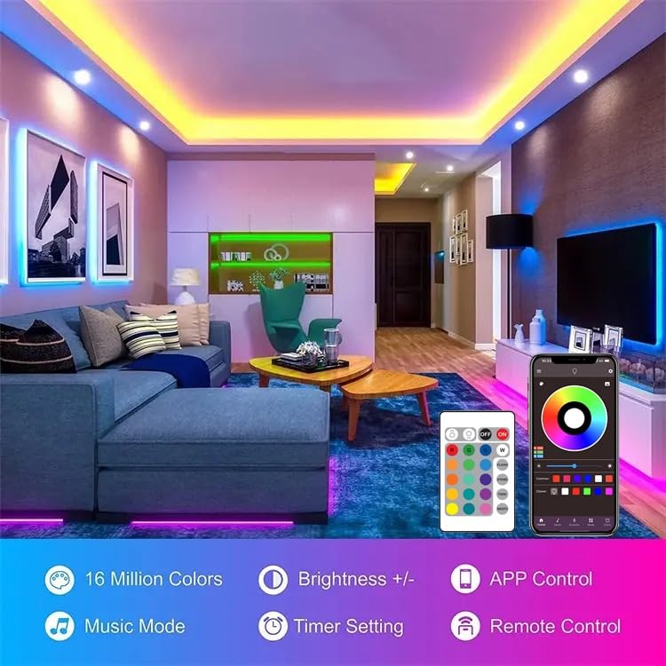 Image of One94Store 5 Meters 150 LED Strip Lights with Bluetooth App and Remote Controller RGB Waterproof Lights Multicolor LED Lights for Home Decoration, Bedroom, Diwali, False Ceiling
